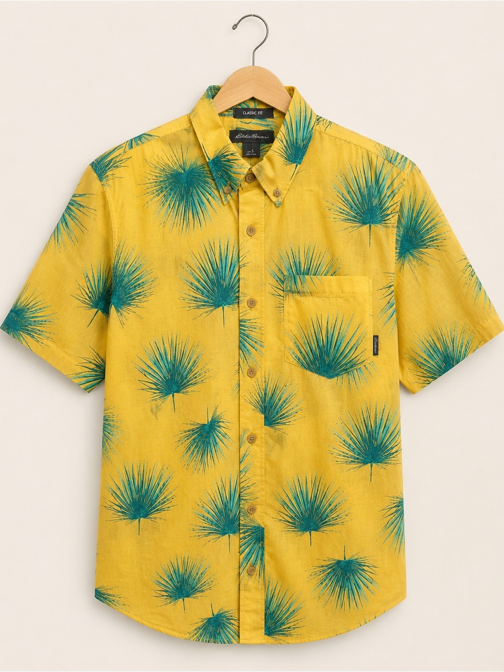 Eddie Bauer Yellow Short-Sleeve Button-Down Shirt with Teal Palm Motif